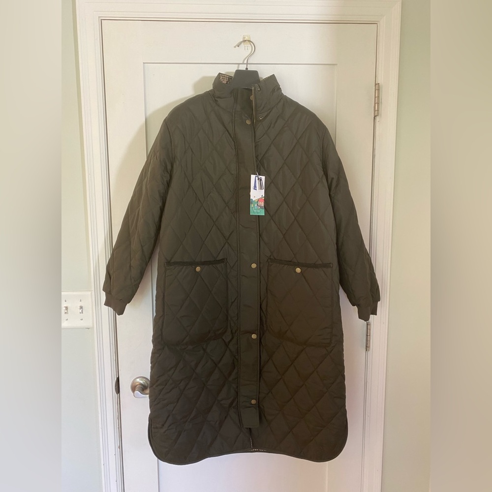 Joules Quilted Long Coat in Olive Green